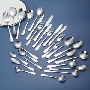 1010 Stainless Steel Cutlery Set - Hotel-Grade Long Ice Spoon, Fork, Spoon, Steak Knife, and Table Knife