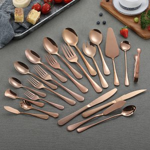 1010 Series Stainless Steel Cutlery Set - Titanium Plated Rose Gold Western Steak Knife, Fork, Spoon, Fruit Fork, and Coffee Spoon