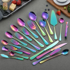 1010 Series Titanium-Plated Stainless Steel Cutlery Set - Colored Western Steak Knife, Fork, Spoon, Dessert Spoon, Coffee Spoon, and Stirring Spoon