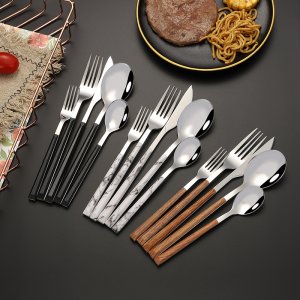 Wood Grain Pattern Stainless Steel Cutlery Set - Long Handle Korean Style Steak Knife, Fork, and Spoon