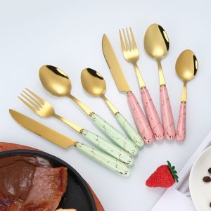 Nordic Style Ceramic Handle Stainless Steel Cutlery Set - Gold Steak Knife, Fork, and Coffee Spoon